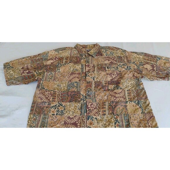Vtg Territory Ahead Patchwork Shirt Men’s L/XL Tan Boho Festival Outdoor EUC - Picture 2 of 16